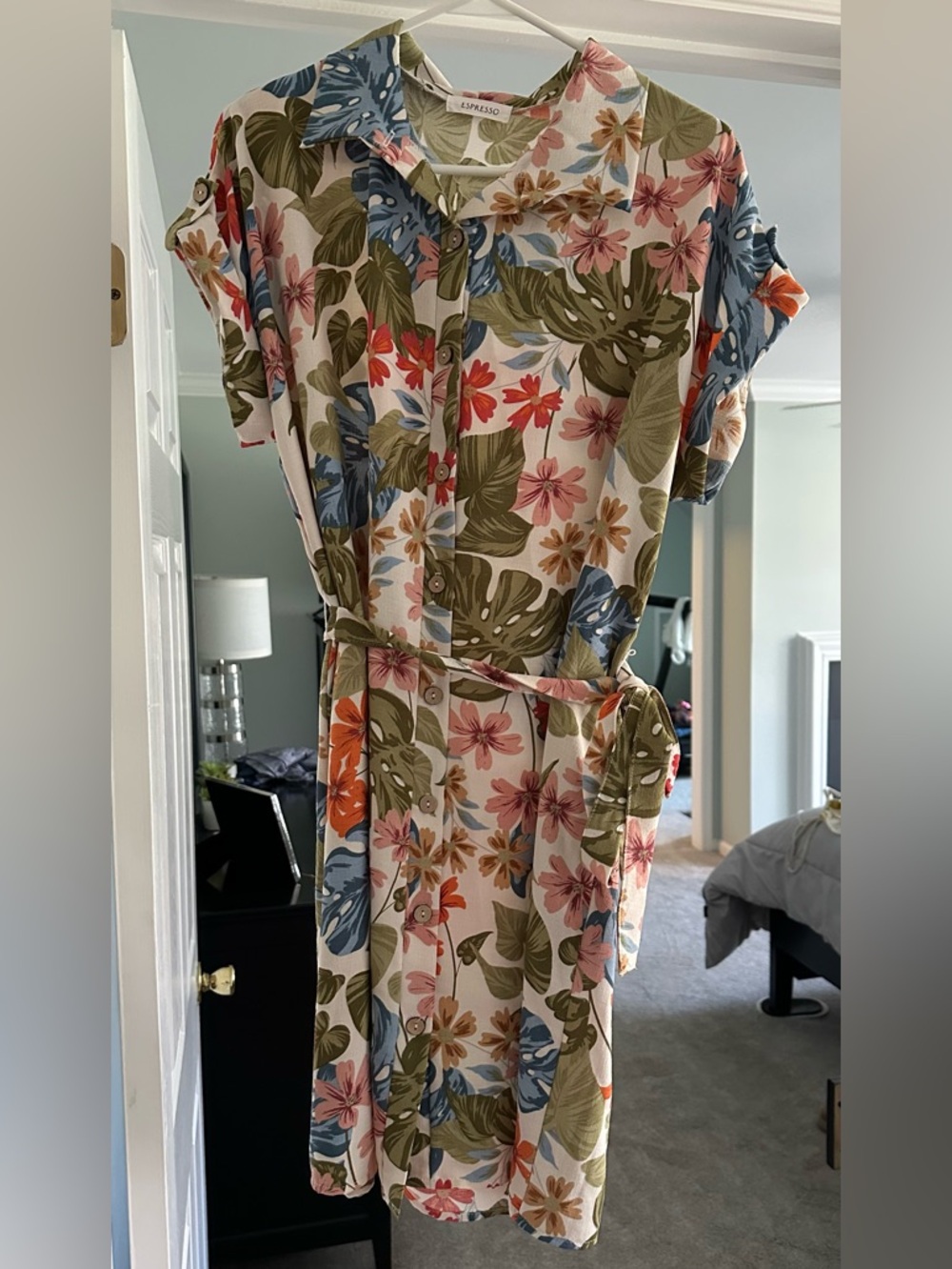 Espresso Floral Shirt Midi Dress in Multi (Olive, Blue, Pink, Orange)